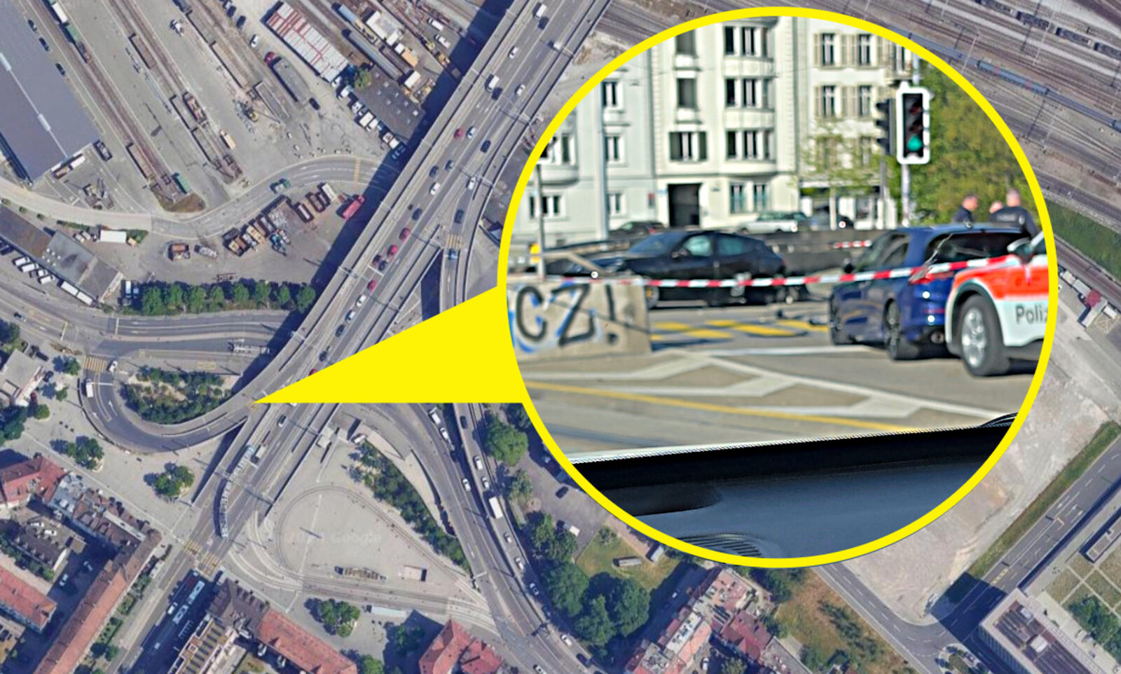 Die Flucht des Maseratis endete bei der Abfahrt am Ende der Hardbrücke in Zürich. Bild: Pentti Aellig, STREETLIFE