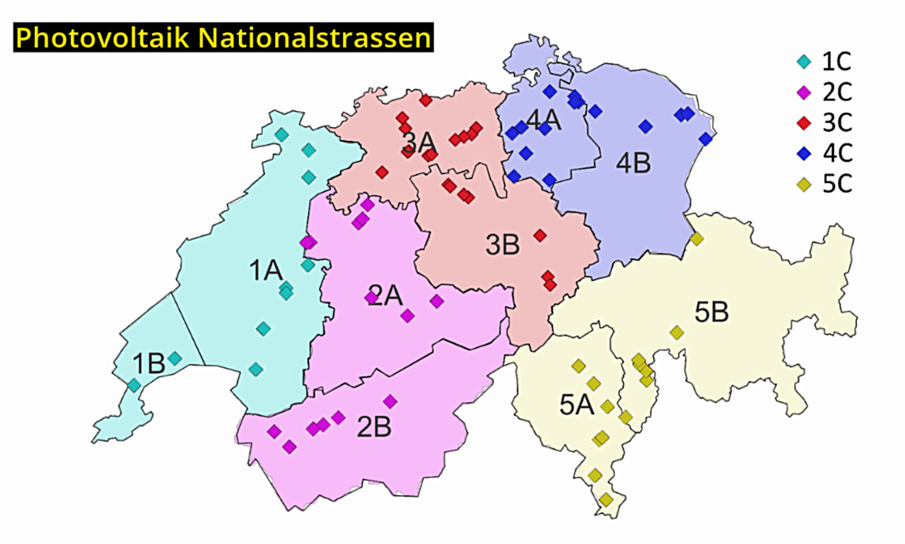 Gegenstand der Ausschreibung des Bundes waren 350 Lärmschutzwände und 100 Rastplätze in der ganzen Schweiz. Sie wurden nach geografischen Kriterien zu 15 Losen zusammengefasst: 10 Lose für Lärmschutzwände (Lose A und B) sowie 5 Lose für Rastplätze (Lose C). Grafik: ASTRA