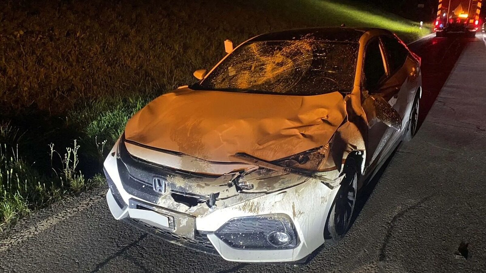 Dieser Autolenker hatte grosses Glück: In Neuheim im Kanton Zug kollidierte sein Fahrzeug mit einem Hirsch. Das Auto erlitt Totalschaden, der Fahrer blieb unverletzt. Bild: Zuger Polizei