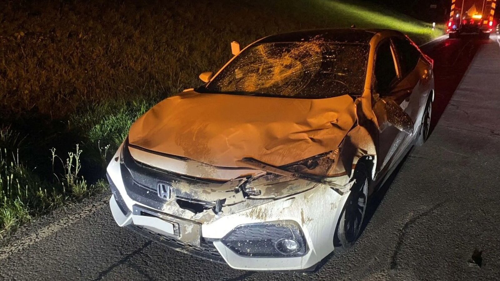 Dieser Autolenker hatte grosses Glück: In Neuheim im Kanton Zug kollidierte sein Fahrzeug mit einem Hirsch. Das Auto erlitt Totalschaden, der Fahrer blieb unverletzt. Bild: Zuger Polizei