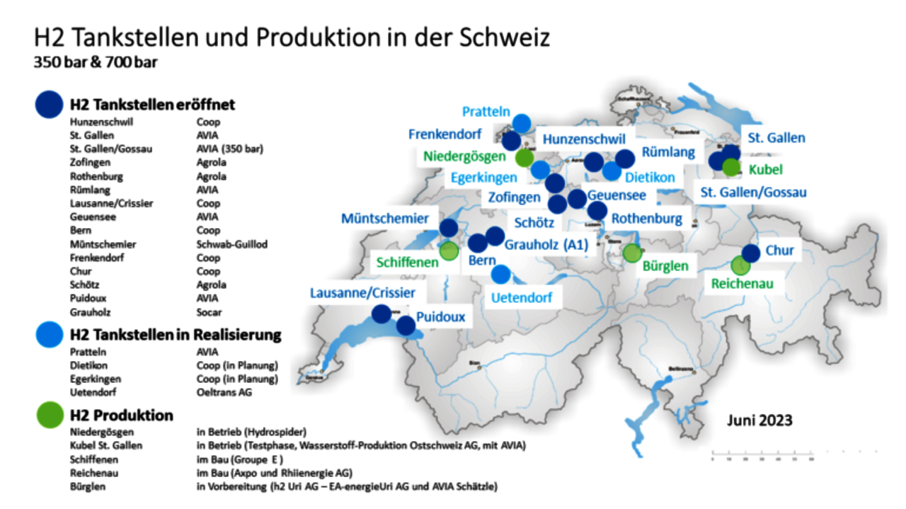 Die Übersicht zeigt die Standorten, an denen Wasserstoff produziert und getankt werden kann.