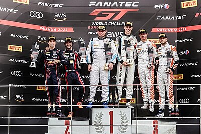 Siegerpodium des erstens Rennen des GT World Challenge Europe Sprint Cup in Valencia