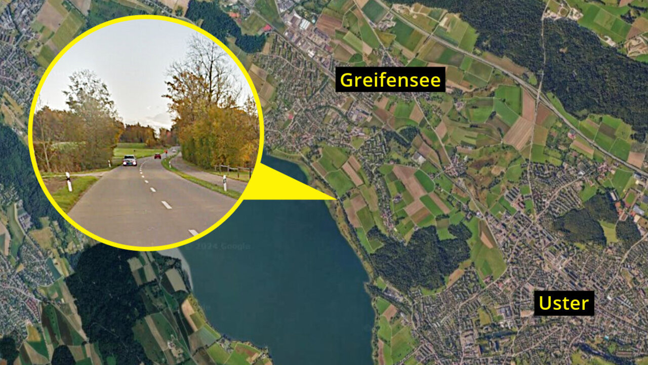 Auf dieser Strecke raste der 21-Jährige mit über 170 Stundenkilometer dem Greifensee entlang. Bei der Kollision zeigte der Tacho noch immer 118 km/h. Grafik: STREETLIFE, Google Maps