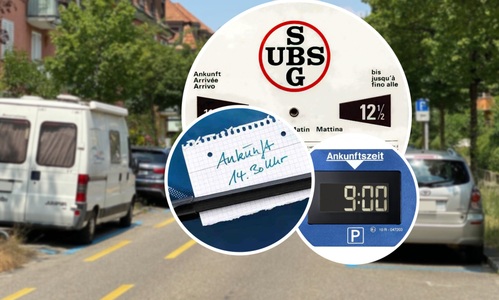 Alte Parkscheiben, die sowohl Ankunfts- und Ablaufzeit zeigen, sind seit 2003 nicht mehr erlaubt. Ebenfalls verboten sind in der Schweiz die elektronischen Parkscheiben, wie ein einfacher Zettel als Ersatz. Grafik: STREETLIFE