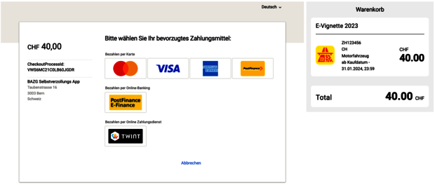 Im letzten Schritt bezahlt man die E-Vignette.