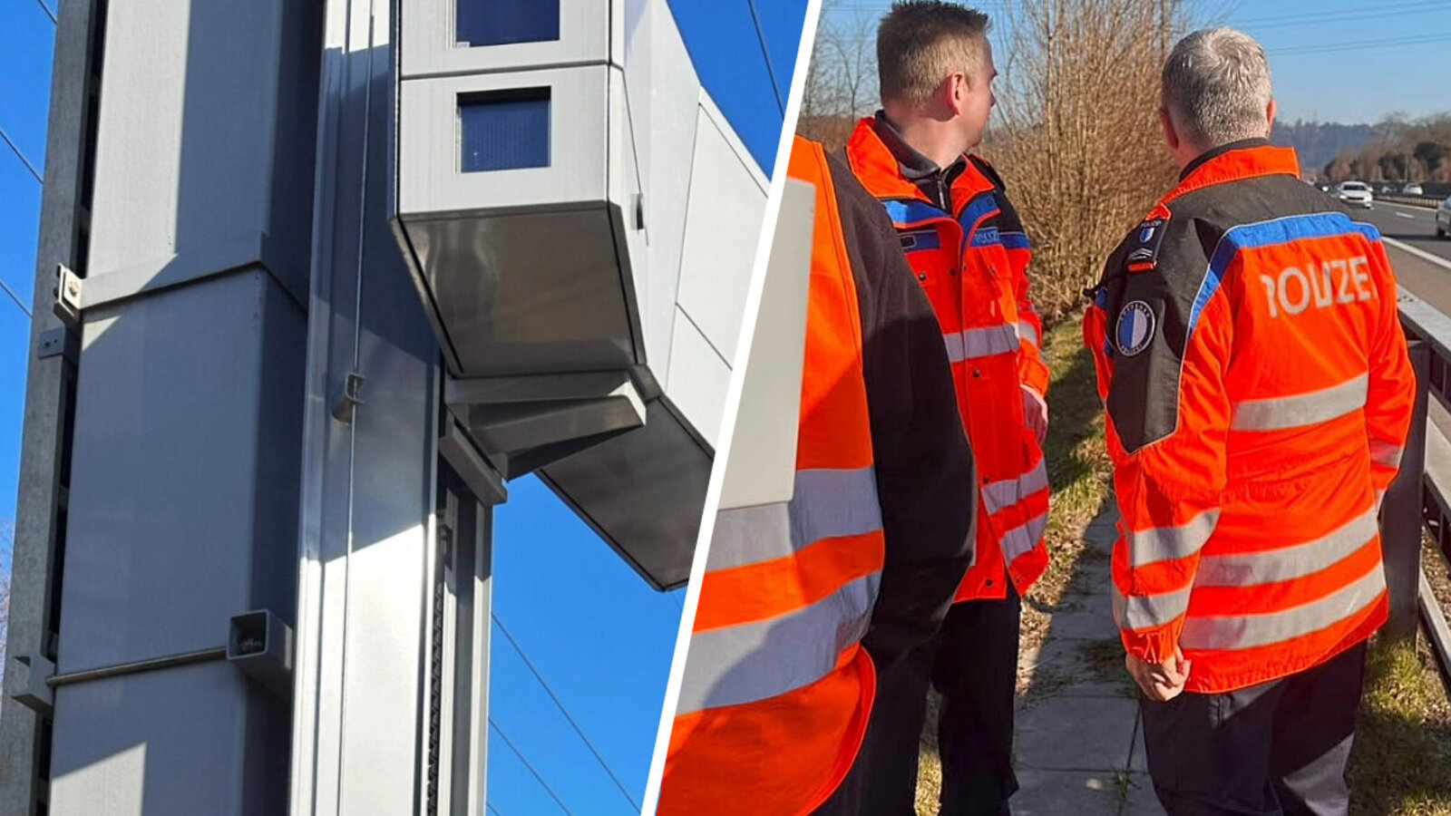 Adaptive Tempokontrolle auf der A14: Die Luzerner Polizei bei der Installation der sogenannten GHGW-Blitzer. Bild: Luzerner Polizei