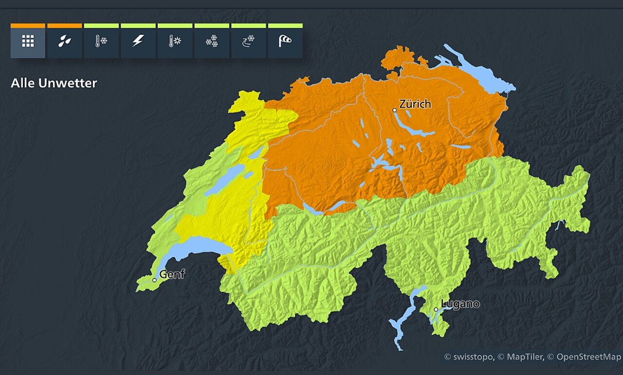 Die orange Fläche auf der Karte zeigt die Regionen, für die MeteoSchweiz eine Warnung der Gefahrenstufe 3 ausgesprochen hat. Grafik: MeteoSchweiz