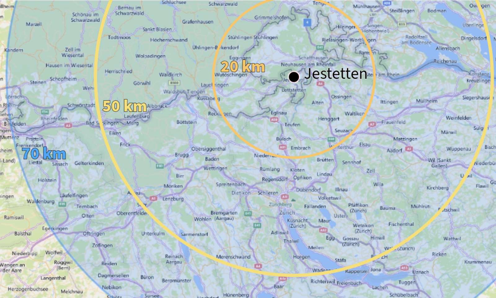 Karte mit Distanzen um Jestetten