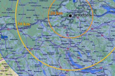 Karte mit Distanzen um Jestetten