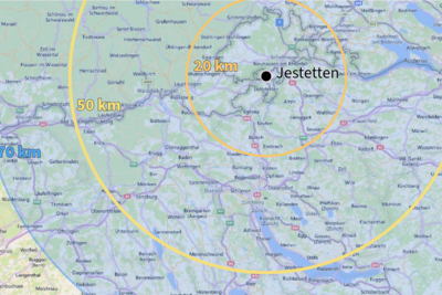 Karte mit Distanzen um Jestetten