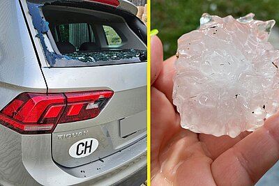 Das Gewitter brachte vielerorts auch Hagel mit sich. In Niederglatt ZH durchschlug ein grosses Hagelkorn eine Heckscheibe. Bild: Leserreporterin, Twitter