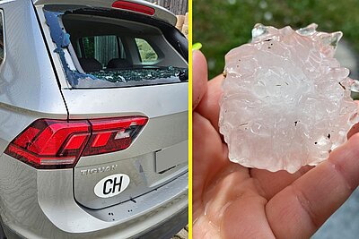 Das Gewitter brachte vielerorts auch Hagel mit sich. In Niederglatt ZH durchschlug ein grosses Hagelkorn eine Heckscheibe. Bild: Leserreporterin, Twitter