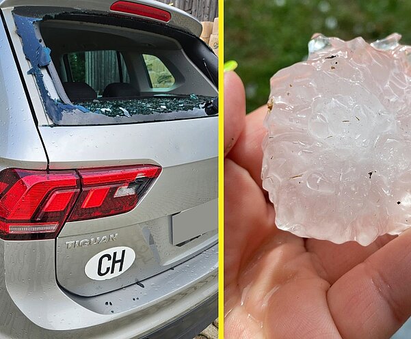 Das Gewitter brachte vielerorts auch Hagel mit sich. In Niederglatt ZH durchschlug ein grosses Hagelkorn eine Heckscheibe. Bild: Leserreporterin, Twitter