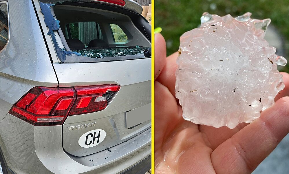 Das Gewitter brachte vielerorts auch Hagel mit sich. In Niederglatt ZH durchschlug ein grosses Hagelkorn eine Heckscheibe. Bild: Leserreporterin, Twitter