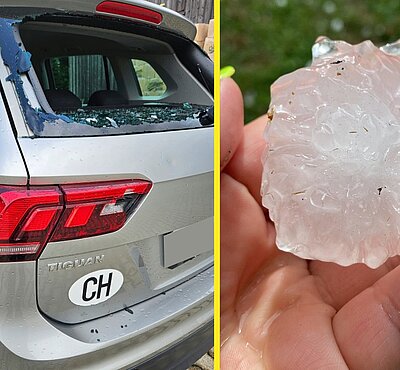 Das Gewitter brachte vielerorts auch Hagel mit sich. In Niederglatt ZH durchschlug ein grosses Hagelkorn eine Heckscheibe. Bild: Leserreporterin, Twitter