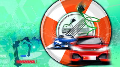 Grafik mit Stromautos und einem Rettungsring.