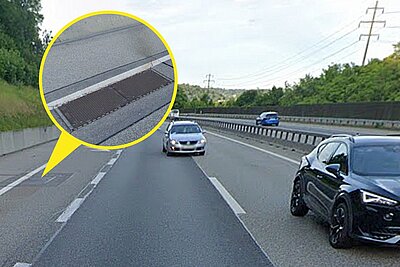 Der grosse Zeitverlust wurde durch einen defekten Schachtdeckel wie diesen auf der A1 ausgelöst. Bild: Google Maps