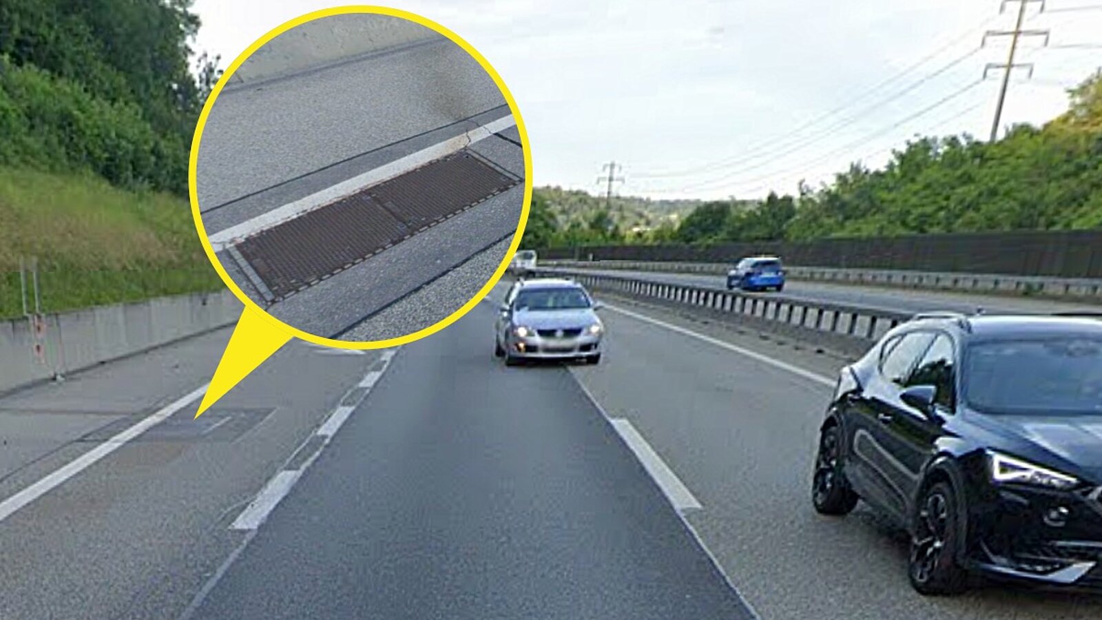 Der grosse Zeitverlust wurde durch einen defekten Schachtdeckel wie diesen auf der A1 ausgelöst. Bild: Google Maps