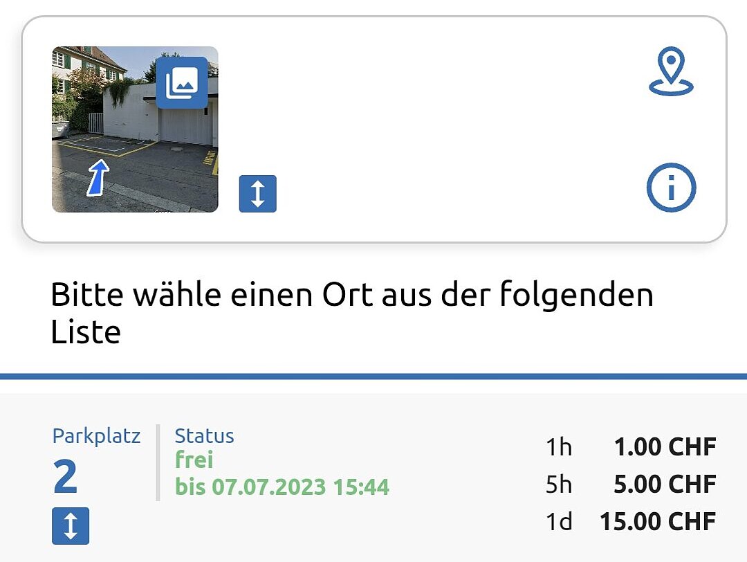 Screenshot aus der Parkplatz-Sharing-App Share.P, der die Informationen zu einem mietbaren Parkplatz zeigt.