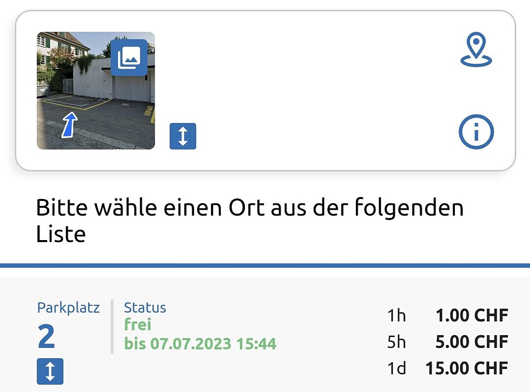 Screenshot aus der Parkplatz-Sharing-App Share.P, der die Informationen zu einem mietbaren Parkplatz zeigt.