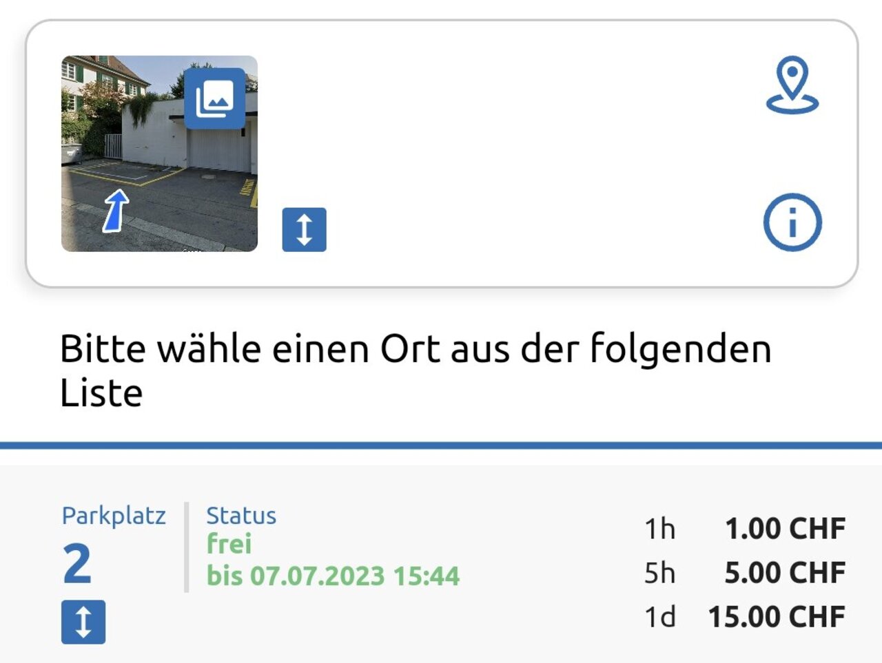 Screenshot aus der Parkplatz-Sharing-App Share.P, der die Informationen zu einem mietbaren Parkplatz zeigt.