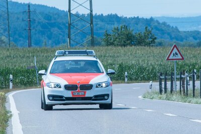 Polizeifahrzeug auf einer Landstrasse.