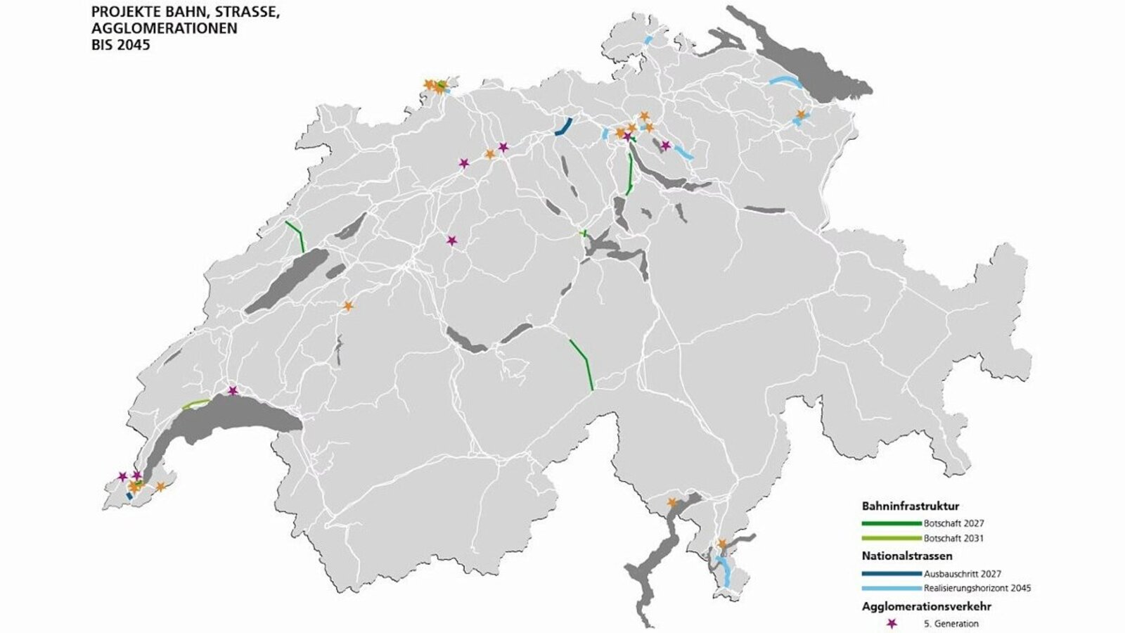 Die Karte zeigt die Pläne des Bundesrates für den Ausbau der Verkehrsinfrastruktur bis 2045. Bild: UVEK