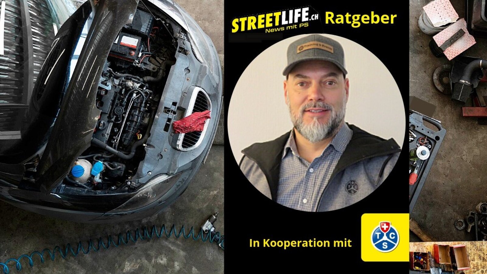 TCS-Experte Adrian Suter erklärt die wichtigen Fragen rund ums Autofahren und den Verkehr. Bild: TCS, Freepik, STREETLIFE