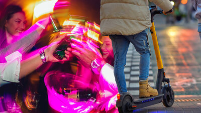 Junge Erwachsene im Ausgang und Person mit Trottinette