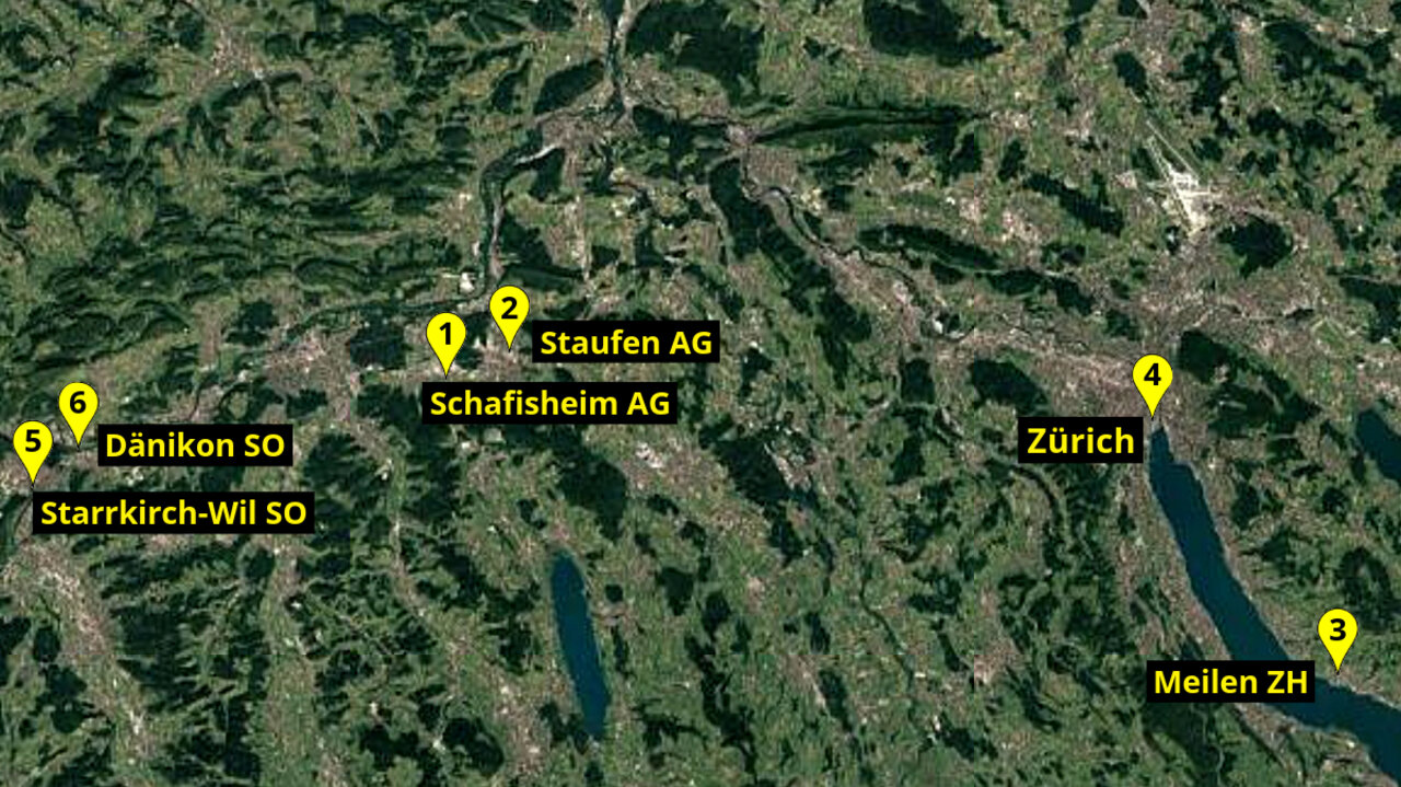 Innerhalb von zwei Monaten wird B. gleich in drei Kantonen straffällig. Dabei erbeutet er eine Deliktsumme von rund 21'700 Franken. Grafik: STREETLIFE, Google Maps
