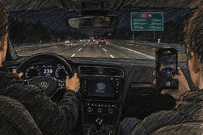 Skizze wie ein Beifahrer eine Raserfahrt filmt