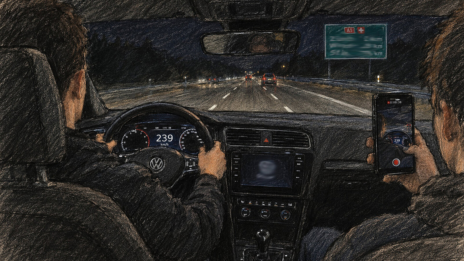 Skizze wie ein Beifahrer eine Raserfahrt filmt