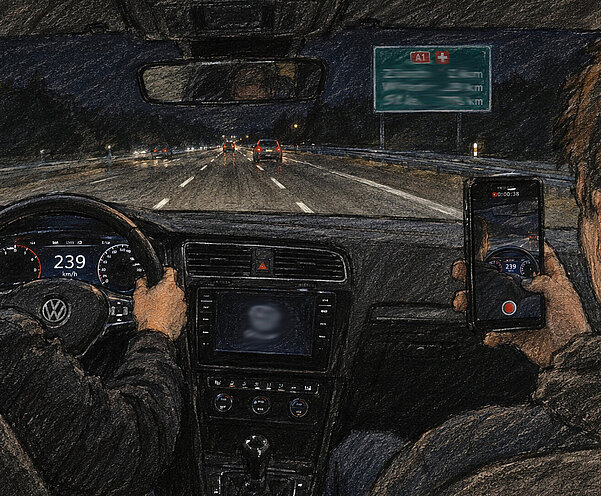 Skizze wie ein Beifahrer eine Raserfahrt filmt