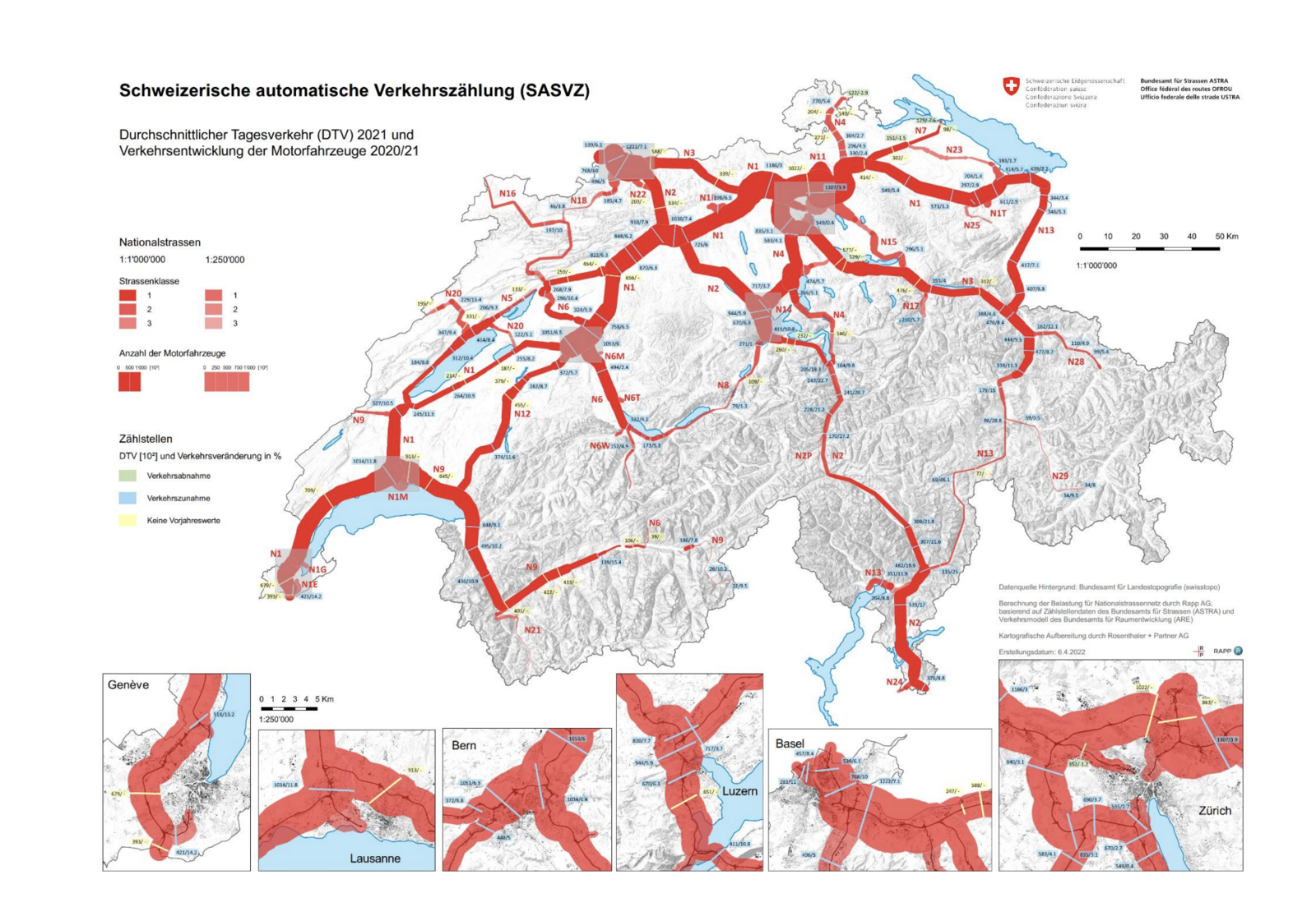 Diese Grafik zeigt, welche Nationalstrassen in der Schweiz permanent überlastet sind. Grafik: Bundesamt für Strassen
