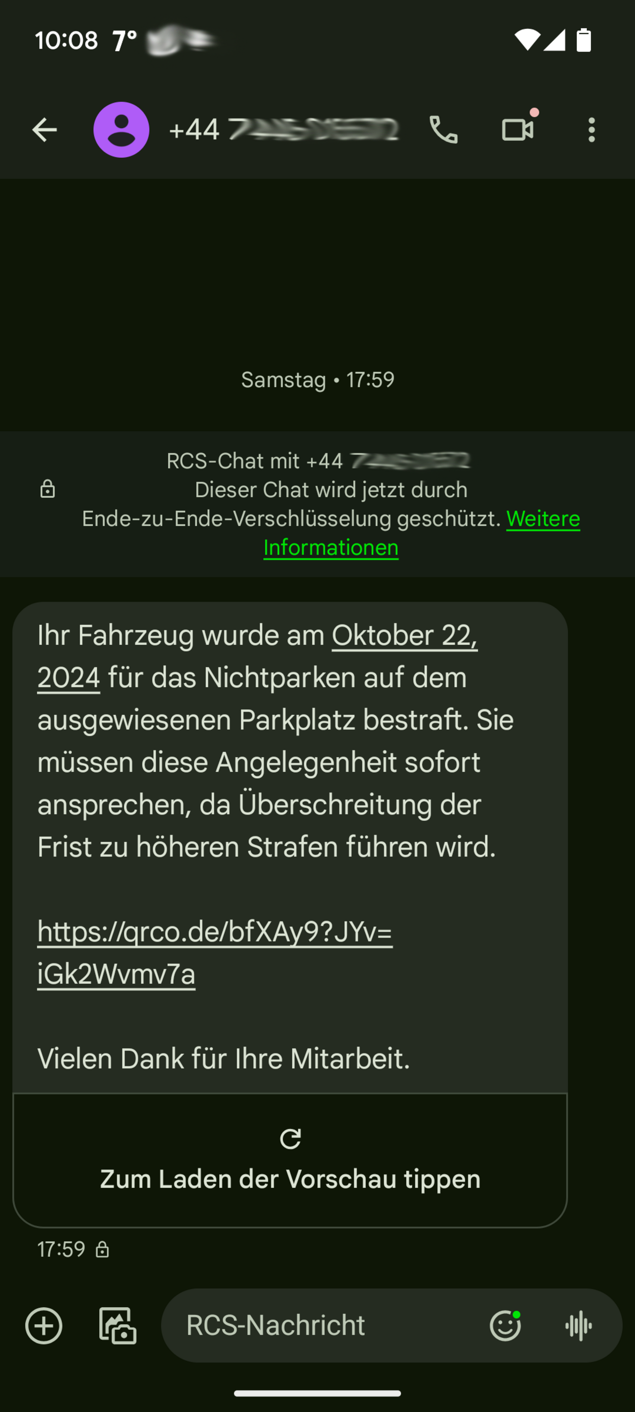 Screenshot eines Betrugs-SMS