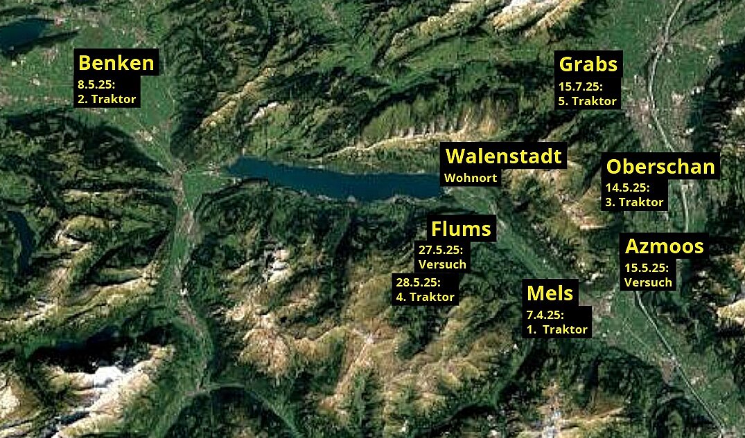 Der Beschuldigte schlug insgesamt sieben Mal als Traktordieb zu. Die Karte zeigt, wo er die Traktoren entwendet hat. Grafik: Google Maps, STREETLIFE
