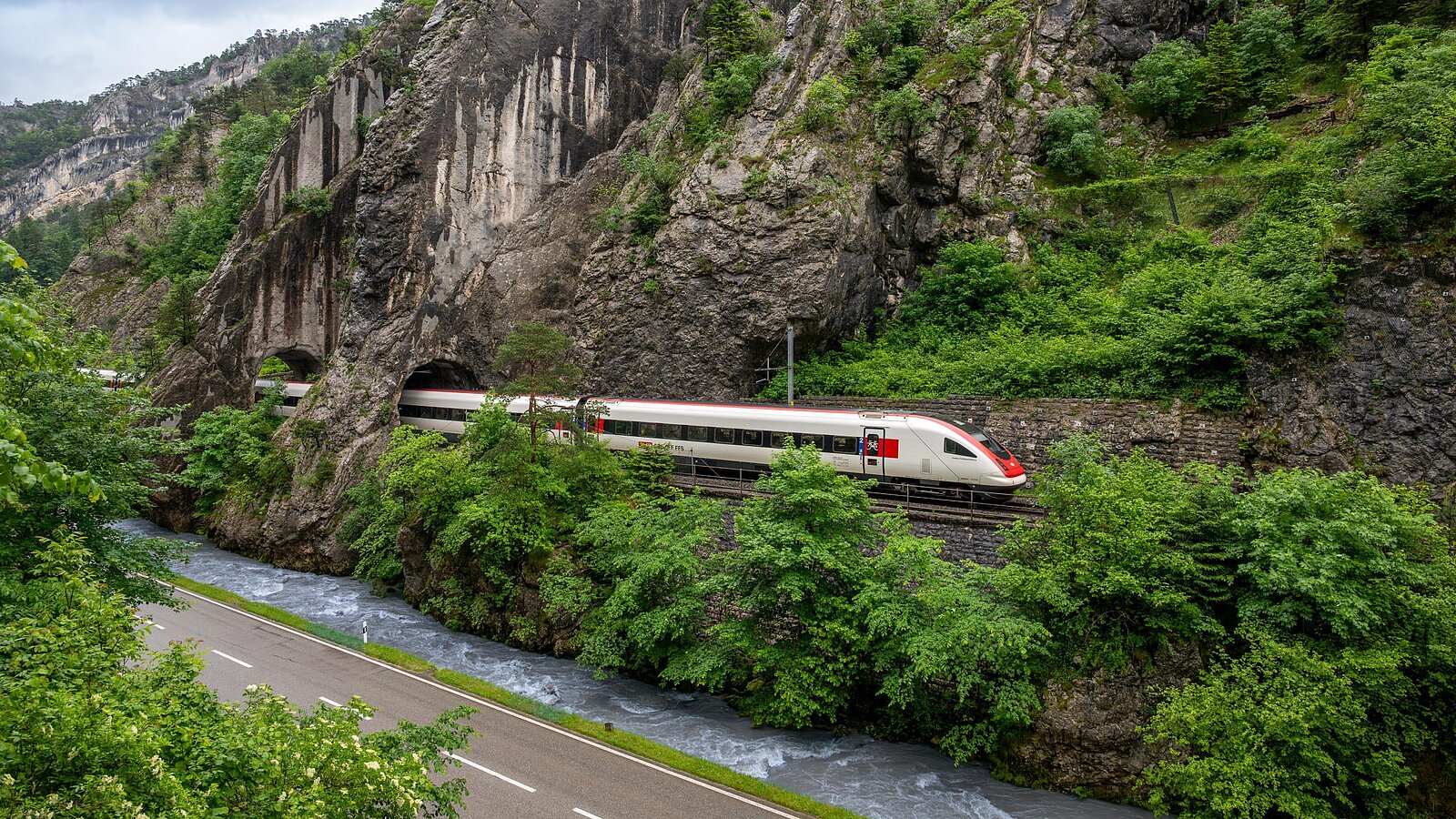Ein Intercity fährt entlang eines Fluss durch die Natur