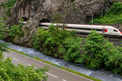Ein Intercity fährt entlang eines Fluss durch die Natur