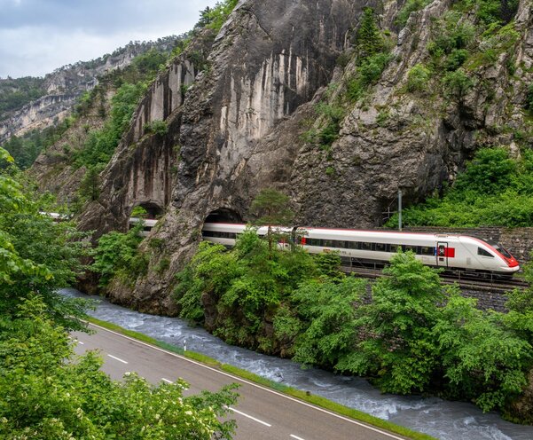 Ein Intercity fährt entlang eines Fluss durch die Natur
