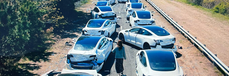 Massencrash mit weissen Teslas.