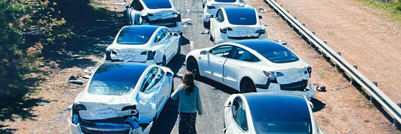 Massencrash mit weissen Teslas.