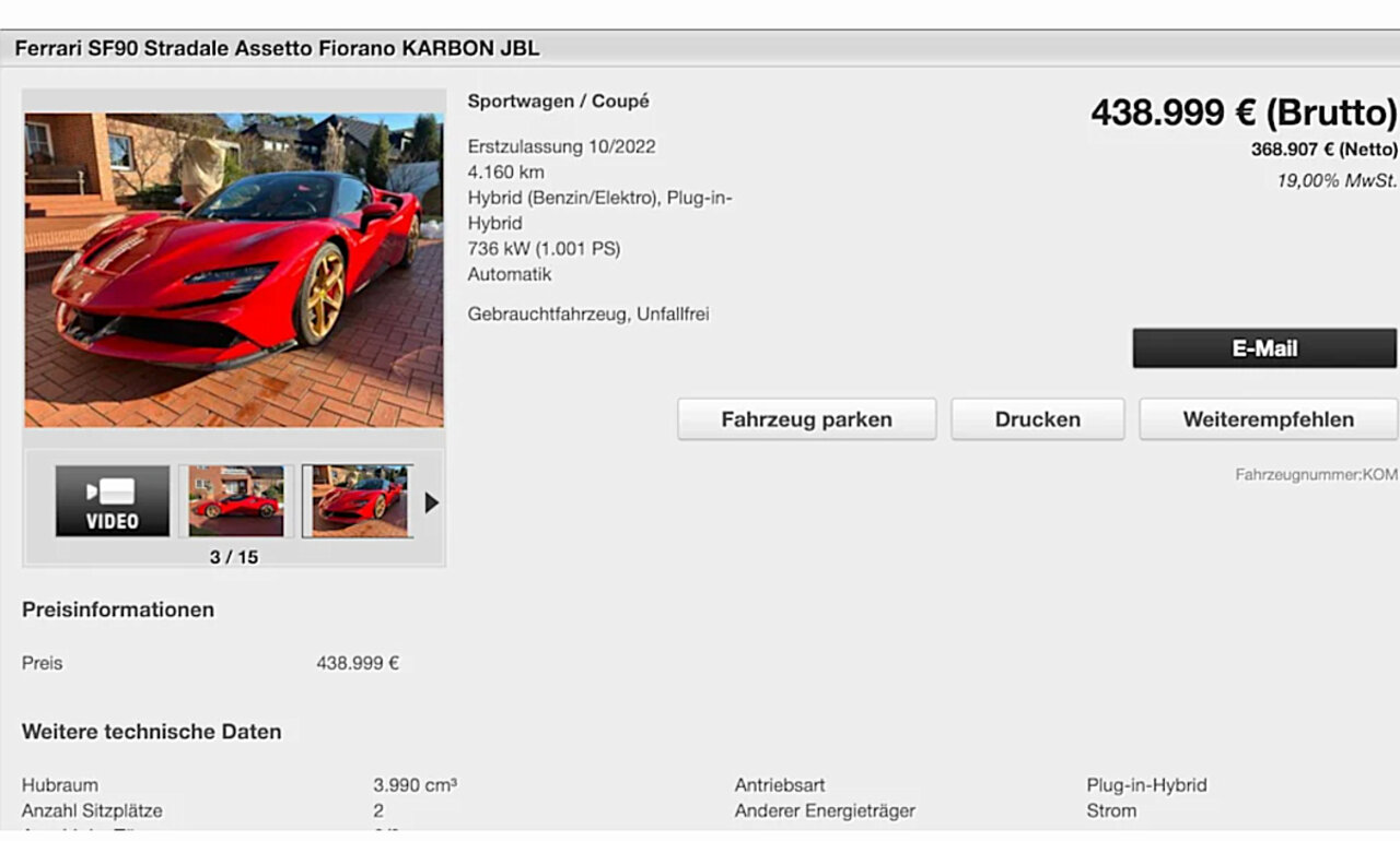 Das Verkaufsinserat ist auch am Montag noch im Netz aufrufbar. Bild: Lummer Automobile