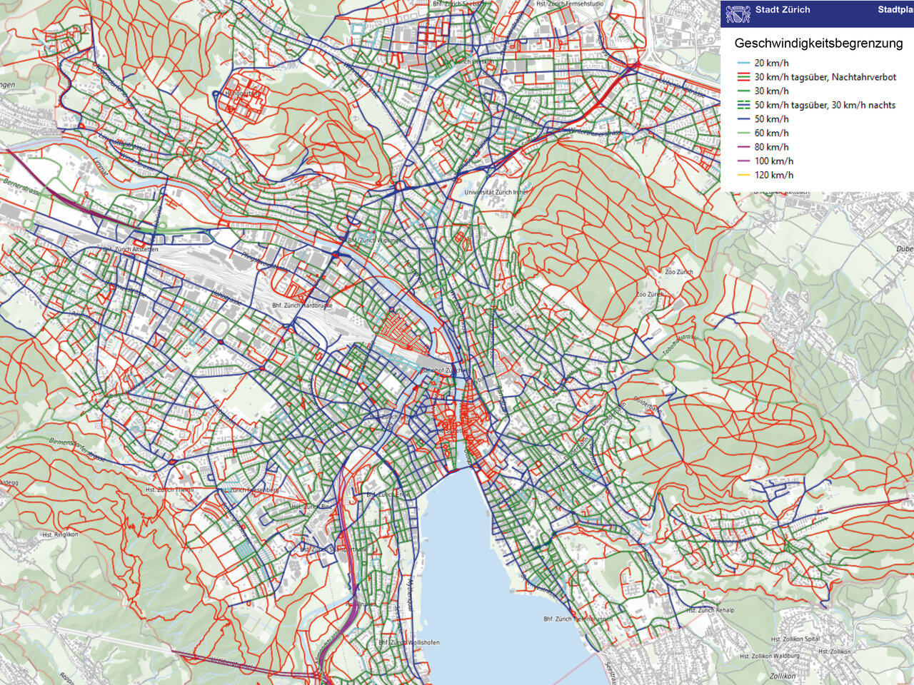 Am Beispiel der Stadt Zürich zeigt sich: Tempo 30 wird in Schweizer Städten deutlich ausgebaut. Vom gesamten Stadtzürcher Strassennetz mit insgesamt 680 km sind bereits heute 370 km Tempo-30-Zonen und -Strecken. Karte: Stadt Zürich