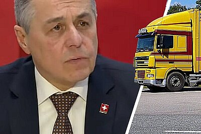Aussenminister Ignazio Cassis anlässlich der Bekanntgabe des Vertragsabschlusses am 20. Dezember 2024. Mit den neuen EU-Verträgen könnten bald Gigaliner, 60-Tönner-Lastwagen, durch die Schweiz fahren. Bild: Bundesrat Youtube, Freepics