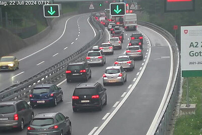 Vor dem Gotthard-Nordportal staute sich der Verkehr auch am Montagmorgen. Der Zeitverlust betrug um 7 Uhr bereits 20 Minuten. Bild: ASTRA