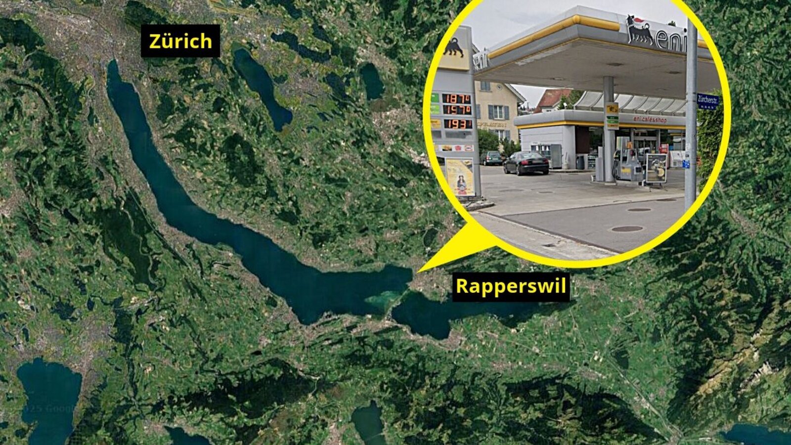 Die Tankstelle befindet sich an der Zürcherstrasse in Rapperswil-Jona. Diese Strasse führt am See entlang und ist auch in der Nacht regelmässig befahren. Bild: Google maps