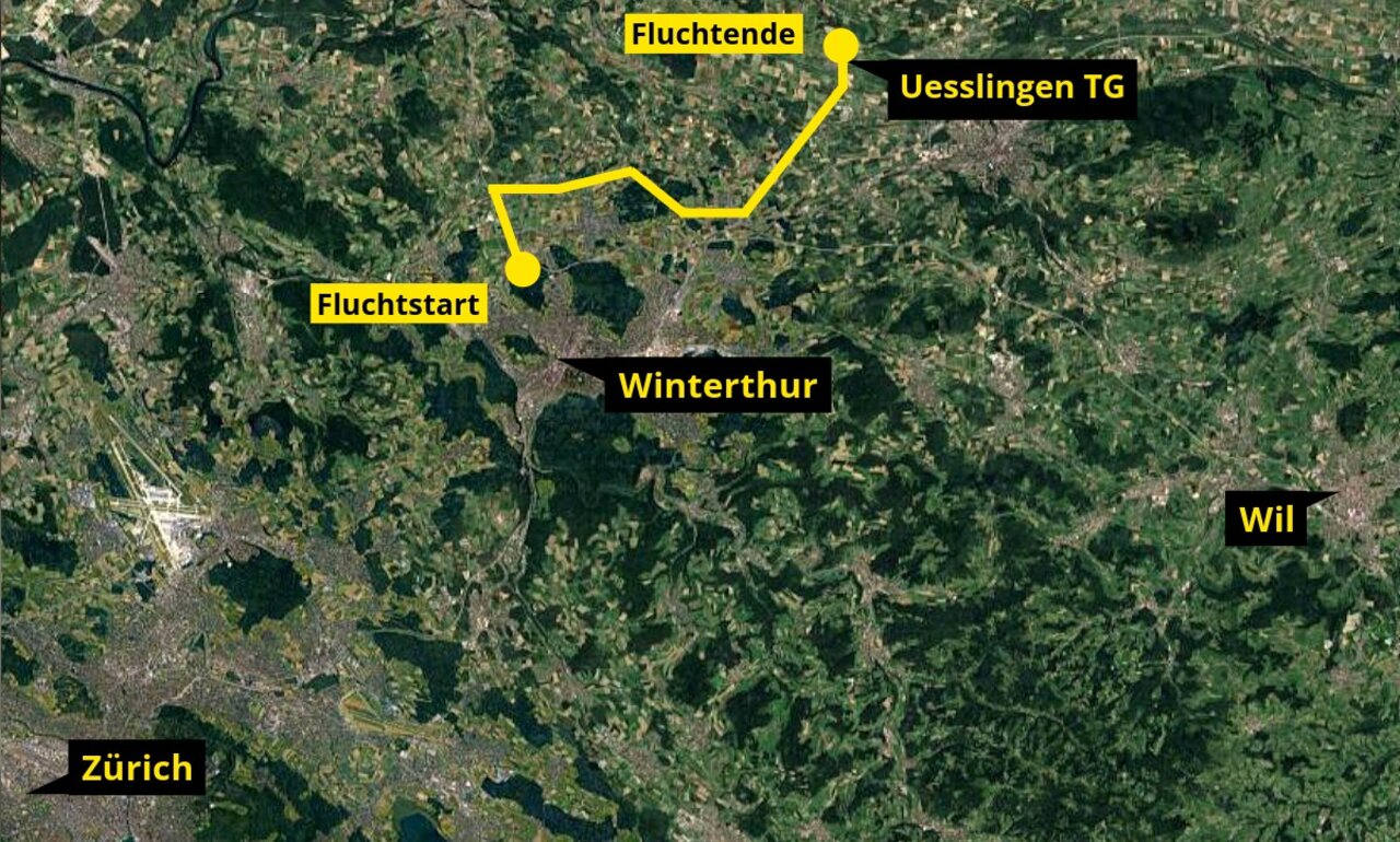 Die Flucht startete bei Winterthur-Ohring und endete mit einem Selbstunfall bei Uesslingen TG. Grafik: Google Maps, STREETLIFE