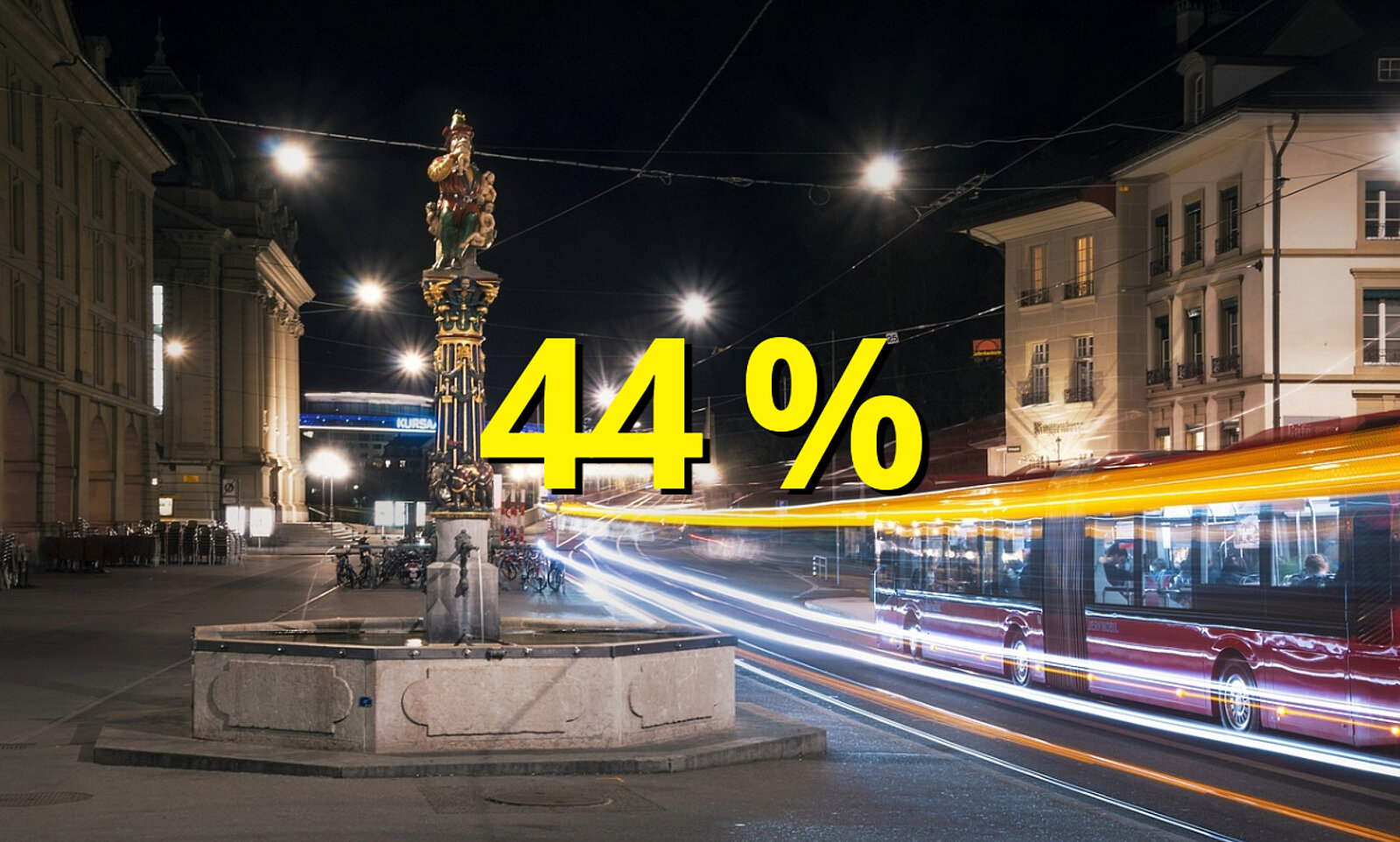 Chindlifresserbrunnen in Bern und Busse daneben.