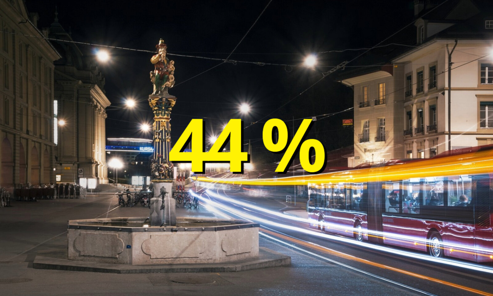 Chindlifresserbrunnen in Bern und Busse daneben.
