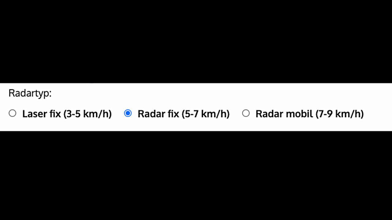 Der nächste Schritt ist die Wahl des Radargeräts. War es ein stationärer Laser, ein festinstalliertes Radargerät oder ein mobiles Gerät? Wir wählen ins unserem Fall der festinstallierte Blitzer. Danach klicken wir auf berechnen.